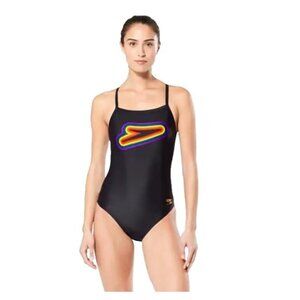 NEW Speedo Endurance Racerback Rainbow Icon Black One Piece Women's 10/36